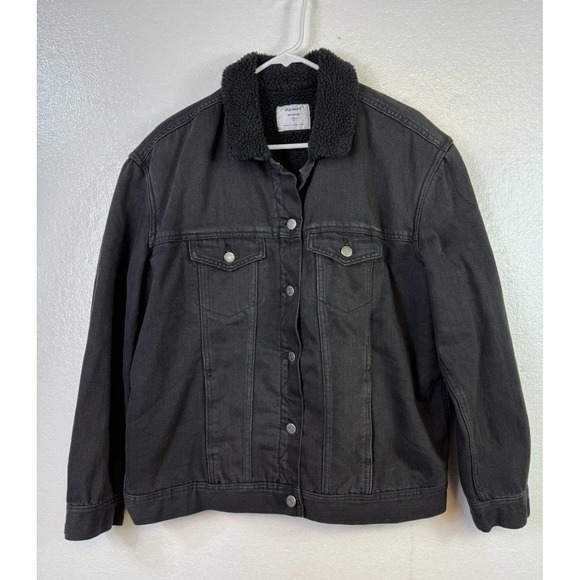 Old Navy Boyfriend Jean Jacket Womens Sz L Black Denim Metal Button Sherpa Lined - Picture 2 of 9